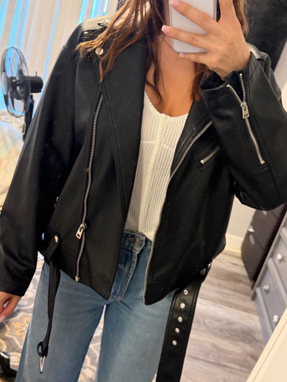 Topshop Black Faux Leather Moto Jacket with Belted Hem
